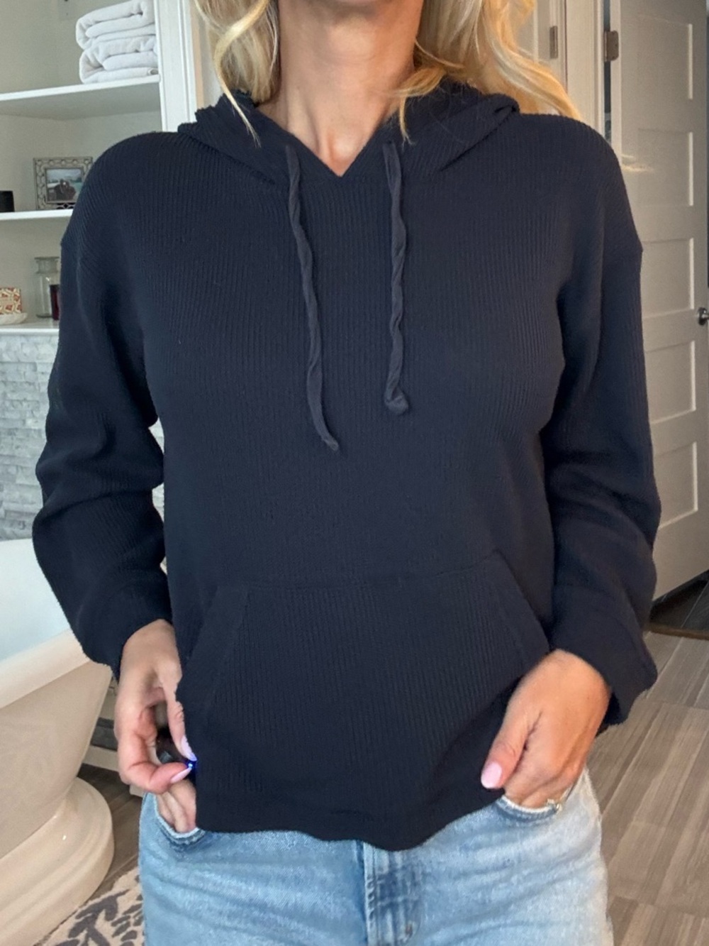 Splendid Navy Waffle Knit Hoodie Pullover Thermal Top Women’s Medium